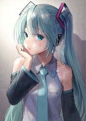Rule 34 | 1girl, absurdres, aqua eyes, aqua hair, aqua necktie, black sleeves, blush, closed mouth, commentary request, copyright name, detached sleeves, grey shirt, hair ornament, hand on own cheek, hand on own face, hatsune miku, highres, ishiyuki, long hair, looking at viewer, necktie, revision, shirt, sleeveless, sleeveless shirt, solo, twintails, upper body, variant set, vocaloid, wide sleeves