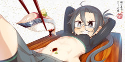Rule 34 | &gt;:d, 1girl, :d, abs, ahoge, amagiri (kancolle), black-framed eyewear, black eyes, black hair, breasts, chaki (teasets), chopsticks, fish (food), food, food on body, glasses, grin, kantai collection, long hair, lying, nyotaimori, on back, open mouth, pleated skirt, sashimi, skirt, small breasts, smile, solo, soy sauce, stomach, sushi, v-shaped eyebrows