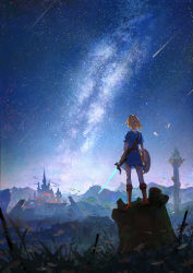 Rule 34 | 1boy, absurdres, belt, bird, blonde hair, blue shirt, boots, brown footwear, building, flower, from behind, galaxy, grass, highres, holding, holding shield, holding sword, holding weapon, knee boots, link, mountainous horizon, night, night sky, nintendo, outdoors, pants, pointy ears, ponytail, scenery, shield, shirt, shooting star, short hair, sky, solo, spire, standing, star (sky), starry sky, sword, the legend of zelda, the legend of zelda: breath of the wild, weapon, white flower, white pants, wide shot, zzz (orchid-dale)