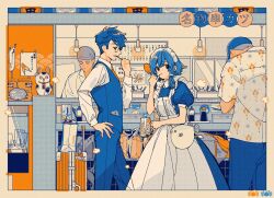 Rule 34 | 1girl, 3boys, apron, baseball cap, black eyes, blue dress, blue hair, blue pants, blue vest, border, cafe, ceiling light, collared shirt, cowboy shot, display case, dress, drink, finger to mouth, frilled apron, frills, glasses, grey hair, halftone, hand on own hip, hat, head scarf, highres, holding, holding drink, indoors, keishin, light bulb, limited palette, looking at another, looking at viewer, maid, maid headdress, maneki-neko, mouth hold, multiple boys, necktie, orange necktie, original, pants, pinky to mouth, print shirt, profile, puffy short sleeves, puffy sleeves, shirt, short hair, short hair with long locks, short sleeves, sign, suitcase, translation request, vest, white apron, white border, white shirt