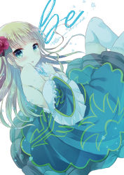Rule 34 | 1girl, :o, bare shoulders, beatrice (umineko), blonde hair, blue dress, blush, commentary request, dress, flower, frilled sleeves, frills, green eyes, hair flower, hair ornament, hand up, kuriyuzu kuryuu, long hair, looking at viewer, looking to the side, off shoulder, parted lips, red flower, red rose, rose, simple background, solo, thighhighs, umineko no naku koro ni, very long hair, white background, white thighhighs