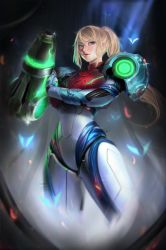 Rule 34 | 1girl, absurdres, arm cannon, armor, blonde hair, blue eyes, closed mouth, commentary, highres, lips, long hair, mattikarp, metroid, metroid dread, mole, mole under mouth, neon trim, nintendo, ponytail, power suit, samus aran, shoulder armor, sidelocks, simple background, solo, standing, weapon