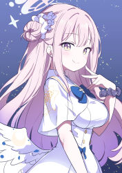Rule 34 | 1girl, angel wings, blue archive, blue bow, blush, bow, breasts, capelet, closed mouth, crescent, dress, feathered wings, hair bun, hair ornament, hair scrunchie, halo, highres, large breasts, long hair, low wings, mika (blue archive), pink hair, scrunchie, single hair bun, single side bun, sleeveless, sleeveless dress, smile, solo, sonoda 345, very long hair, white capelet, white dress, white wings, wing ornament, wings, yellow eyes