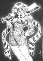 Rule 34 | 1girl, abs, bikini, breasts, covered erect nipples, female focus, highres, huge breasts, looking at viewer, monochrome, muscular, muscular female, navel, po-ju, solo, swimsuit, sword, veins, weapon