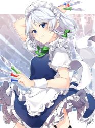 Rule 34 | 1girl, apron, arm behind head, arm up, back bow, blue dress, blue eyes, blush, bow, braid, breasts, commentary request, cowboy shot, dress, frills, gears, green bow, green ribbon, hair bow, highres, holding, holding knife, izayoi sakuya, jill 07km, knife, legs apart, looking at viewer, maid, maid apron, maid headdress, neck ribbon, parted lips, petticoat, puffy short sleeves, puffy sleeves, ribbon, short hair, short sleeves, signature, small breasts, smile, solo, throwing knife, touhou, twin braids, weapon, white background, white bow, white hair, wristband