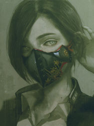 Rule 34 | 1girl, collared shirt, green theme, tucking hair, hand up, jacket, loo, mask, mouth mask, original, popped collar, portrait, shirt, short hair, solo, spot color, tomono rui, wing collar