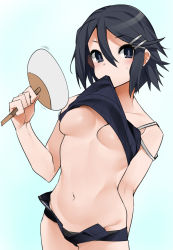 Rule 34 | 1girl, asagiri asagi, black eyes, black hair, breasts, camisole, camisole lift, clothes lift, hair ornament, hairclip, hand fan, highres, kochiya (gothope), lifted by self, looking at viewer, medium breasts, mouth hold, nippon ichi, open clothes, open shorts, short hair, short shorts, shorts, solo, standing, strap slip, white background