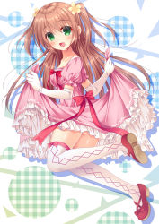 Rule 34 | 1girl, :d, blush, brown hair, clothes lift, collarbone, commentary request, dress, elbow gloves, from side, fujikura ryuune, full body, gloves, green eyes, juliet sleeves, lifting own clothes, long hair, long sleeves, looking at viewer, looking to the side, open mouth, original, pink dress, puffy short sleeves, puffy sleeves, shiny skin, shoe soles, short sleeves, skirt, skirt lift, smile, solo, thighhighs, twintails, twisted neck, white gloves, white thighhighs, zettai ryouiki