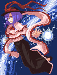 Rule 34 | 1girl, black hat, black skirt, blue background, bow, capelet, commentary request, electricity, hat, hat bow, kingin, long skirt, long sleeves, looking at viewer, nagae iku, open mouth, purple hair, red bow, red eyes, shawl, short hair, simple background, skirt, solo, touhou, white capelet