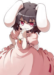 Rule 34 | 1girl, akaneya, animal ears, black hair, carrot, grin, hand on own hip, inaba tewi, jewelry, looking at viewer, necklace, pendant, pink eyes, puffy short sleeves, puffy sleeves, rabbit ears, rabbit girl, rabbit tail, short sleeves, simple background, smile, solo, tail, touhou, white background