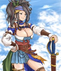Rule 34 | 1girl, anbj, arm belt, armor, belt, belt buckle, black hair, braid, breasts, brown belt, brown eyes, brown legwear, buckle, cleavage, closed mouth, cloud, commentary request, cowboy shot, dagger, earrings, feather earrings, feathers, granblue fantasy, hair ornament, headband, holster, holstered, jewelry, knife, large breasts, leather armor, necklace, partial commentary, sig (granblue fantasy), smile, solo, sword, weapon