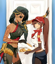 Rule 34 | 2girls, amputee, arm tattoo, baseball cap, black gloves, black hair, blush, brown gloves, brown hair, closed mouth, crop top, door, earrings, elbow gloves, eyepatch, fingerless gloves, food, from side, gloves, hair ornament, hat, highres, holding, holding food, holding pizza, jewelry, league of legends, long hair, looking at another, looking at viewer, multiple girls, pizza, pizza delivery sivir, ponytail, samira, shirt, single bare shoulder, sivir, smile, standing, stomach, sweatdrop, tan, tattoo, white shirt, zaket07