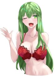 Rule 34 | 1girl, ;d, bare arms, bare shoulders, blush, bra, breasts, chuu (rinet), collarbone, commentary request, fire emblem, fire emblem: shadow dragon and the blade of light, green eyes, green hair, hair between eyes, highres, large breasts, long hair, looking at viewer, navel, nintendo, one eye closed, open mouth, palla (fire emblem), red bra, simple background, smile, solo, stomach, underwear, underwear only, upper body, very long hair, white background