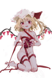 Rule 34 | 1girl, :d, absurdres, alternate wings, blonde hair, blush, bow, box, eyes visible through hair, fangs, flandre scarlet, flat chest, groin, hat, heart, heart-shaped box, highres, holding, kneeling, looking at viewer, medium hair, mob cap, naked ribbon, one side up, open mouth, red bow, red eyes, reddizen, ribbon, simple background, slit pupils, smile, solo, touhou, valentine, wavy hair, white background, wings