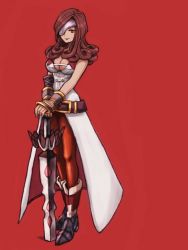 Rule 34 | 1girl, beatrix, belt, belt buckle, boots, breasts, brown eyes, brown hair, brown pantyhose, buckle, cleavage, closed mouth, curly hair, eyepatch, final fantasy, final fantasy ix, full body, ichi (pixiv6373491), large breasts, legs together, long hair, pantyhose, planted, planted sword, planted weapon, red background, simple background, smile, solo, standing, sword, weapon