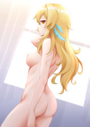 Rule 34 | 1girl, absurdres, ass, bare shoulders, blonde hair, breasts, completely nude, feather hair ornament, feathers, genshin impact, hair down, hair ornament, highres, long hair, looking at viewer, lumine (genshin impact), medium breasts, nipples, nude, royboy, solo, yellow eyes