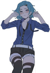 Rule 34 | 1girl, absurdres, belt, black necktie, black shorts, black thighhighs, blue eyes, blue hair, blue shirt, blush, earrings, forehead, hair between eyes, hair ornament, hairpin, highres, hm mono, honkai (series), honkai impact 3rd, jewelry, lieserl albert einstein, looking at viewer, necktie, open clothes, open mouth, shirt, short hair, shorts, simple background, sleeves rolled up, solo, teeth, thighhighs, white background