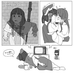 Rule 34 | 5girls, against wall, bad id, bad twitter id, benikurage (cookie), blunt bangs, blush, bow, bowl, brick wall, capelet, commentary request, cookie (touhou), cross, crt, detached sleeves, dress, facepaint, frilled bow, frilled capelet, frills, greyscale, hair bow, hakurei reimu, heart, highres, industrial pipe, kiss, kochiya sanae, long hair, lying, mini person, minigirl, mittens, monochrome, multi-tied hair, multiple girls, necktie, ohasi, on side, open mouth, paseri (cookie), patchouli knowledge, ponytail, reu (cookie), ribbon-trimmed sleeves, ribbon trim, sakenomi (cookie), scratching ass, shirt, short hair, skirt, sleeveless, sleeveless dress, sleeveless shirt, socks, striped clothes, striped dress, taisa (cookie), television, touhou, translation request, upper body, vertical-striped clothes, vertical-striped dress, watching television, yuri
