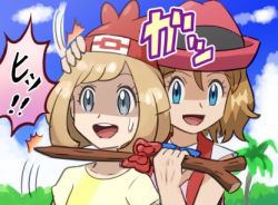 Rule 34 | 10s, 2girls, blue eyes, bow, brown hair, commentary request, creatures (company), false smile, game freak, hand on another&#039;s head, hat, long hair, lowres, multiple girls, nintendo, open mouth, pokemoa, pokemon, pokemon (anime), pokemon sm, pokemon xy, pokemon xy (anime), red headwear, selene (pokemon), serena (pokemon), smile, surprised, twig, yandere
