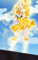 Rule 34 | 10s, 1girl, baton, blonde hair, boots, cloud, cure honey, happinesscharge precure!, highres, long hair, microphone, oomori yuuko, pleated skirt, ponytail, precure, screencap, skirt, sky, solo, sparkle, wide ponytail, yellow eyes