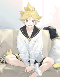 Rule 34 | 1boy, bass clef, black sailor collar, black shorts, black sleeves, blonde hair, blue eyes, cardigan, character doll, commentary, couch, cushion, detached sleeves, headphones, headset, highres, holding own foot, indoors, kagamine len, looking at viewer, male focus, musical note, musical note print, naoko (naonocoto), on couch, open mouth, sailor collar, shorts, sitting, unworn sleeves, smile, socks, solo, spiked hair, vocaloid, white socks