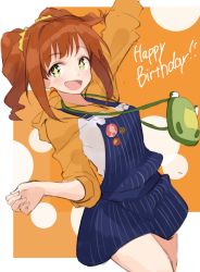 Rule 34 | 1girl, apron, bag, blush, brown hair, cowboy shot, dutch angle, green eyes, hair ornament, hair scrunchie, happy birthday, highres, hood, hoodie, idolmaster, idolmaster (classic), looking at viewer, open mouth, overalls, satchel, scrunchie, shunichi, sidelocks, sketch, sleeves rolled up, smile, solo, star-shaped pupils, star (symbol), symbol-shaped pupils, takatsuki yayoi, twintails