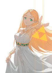 Rule 34 | 1girl, bare shoulders, blonde hair, bracelet, breasts, dress, green eyes, highres, huang (volt0526), jewelry, long hair, looking at viewer, medium breasts, nail polish, nintendo, orange nails, parted lips, pointy ears, princess zelda, reaching, reaching towards viewer, sash, solo, strapless, strapless dress, the legend of zelda, the legend of zelda: breath of the wild, triforce, very long hair, white background, white dress, wind