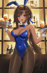 Rule 34 | 1girl, absurdres, animal ears, black pantyhose, blue bow, blue bowtie, blue eyes, blue leotard, blue ribbon, bow, bowtie, breasts, brown hair, cleavage, covered navel, cowboy shot, cup, detached collar, drinking glass, hair ribbon, highleg, highleg leotard, highres, large breasts, leotard, long hair, low ponytail, original, pantyhose, playboy bunny, rabbit ears, ribbon, sheng zhidou, solo, standing, strapless, strapless leotard, tray, wrist cuffs