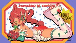 Rule 34 | apron, bandaid, bandaid on face, bandaid on nose, brown hair, frilled apron, frills, hair ornament, highres, legs up, long hair, lying, on stomach, original, pasties, red eyes, red shorts, shorts, solo, soreeyu (sore-yu), thighhighs, topless, twintails, white apron, white thighhighs