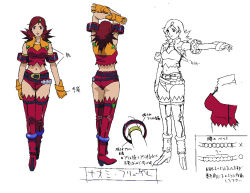 Rule 34 | 00s, 1girl, ass, back, breasts, character sheet, female focus, full body, gloves, hair ornament, large breasts, long hair, looking at viewer, midriff, multiple views, naomi fluegel, navel, official art, partially colored, purple eyes, red hair, revealing clothes, scan, shorts, simple background, sketch, spiked hair, translation request, white background, zoids, zoids shinseiki/zero