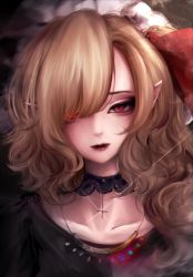 Rule 34 | 1girl, blonde hair, choker, cross, eyebrows hidden by hair, fangs, flandre scarlet, hair between eyes, hair over one eye, highres, inverted cross, jewelry, long hair, looking at viewer, mizuhichi, necklace, no headwear, parted lips, pointy ears, red eyes, solo, touhou, upper body