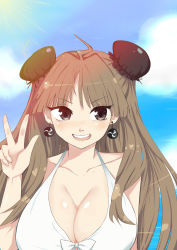 10s 1girl bikini black_eyes blush breasts brown_hair cleavage earrings female_focus highres jewelry large_breasts long_hair looking_at_viewer open_mouth renka_(senran_kagura) senran_kagura smile solo swimsuit tagme upper_body v