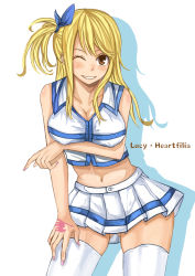 Rule 34 | 1girl, blonde hair, blush, breasts, brown eyes, character name, fairy tail, female focus, hair ribbon, large breasts, lucy heartfilia, ribbon, shirt, skirt, smile, solo, white shirt, white skirt, xsorax812