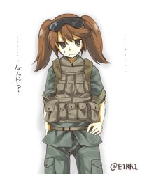 Rule 34 | 10s, 1girl, alternate costume, bad id, bad pixiv id, black eyes, brown hair, eiri (eirri), eyewear on head, hand on own hip, kantai collection, looking at viewer, military, military uniform, ryuujou (kancolle), solo, sunglasses, sweatdrop, translated, twintails, uniform, vest, wavy mouth