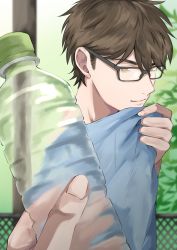 Rule 34 | 2boys, absurdres, ace of diamond, aiaipoponta0605, blue shirt, bottle, brown eyes, brown hair, closed mouth, day, glasses, highres, holding, holding bottle, holding clothes, holding shirt, male focus, miyuki kazuya, multiple boys, outdoors, shirt, short hair, sideburns, smile, solo focus, upper body, water bottle