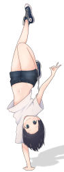 Rule 34 | 1girl, 1ssakawaguchi, absurdres, blouse, blue eyes, blush, converse, forehead, handstand, high tops, highres, midriff, navel, one arm handstand, original, shirt, shoes, short hair, short shorts, shorts, smile, sneakers, t-shirt, upside-down, v, white background, white shirt