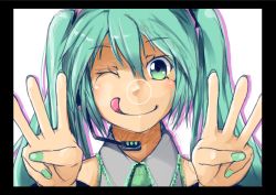 Rule 34 | 1girl, :q, absurdres, aqua eyes, aqua hair, black border, blush, border, boru (ochagashi), closed mouth, collared shirt, commentary request, double w, grey shirt, hair between eyes, hair ornament, hatsune miku, headset, highres, long hair, looking at viewer, one eye closed, portrait, shirt, smile, solo, tongue, tongue out, twintails, vocaloid, w