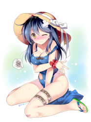 Rule 34 | 10s, 1girl, bandaid, bandaid on knee, bandaid on leg, black hair, blush, breasts, bridal garter, brown eyes, cleavage, female focus, gradient background, hat, kantai collection, large breasts, long hair, looking at viewer, one-piece swimsuit, one eye closed, polka dot, polka dot swimsuit, rei (rei&#039;s room), sandals, sitting, solo, spoken squiggle, squiggle, strap slip, sun hat, swimsuit, torn clothes, torn swimsuit, ushio (kancolle), wariza