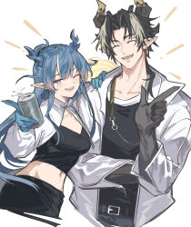 Rule 34 | 1boy, 1girl, ;d, ^ ^, arknights, black hair, black shirt, blue hair, blush, brother and sister, chong yue (arknights), closed eyes, commentary, crop top, dragon horns, highres, horns, jacket, ling (arknights), long hair, looking at viewer, mabing, midriff, navel, one eye closed, open clothes, open jacket, open mouth, purple eyes, shirt, siblings, smile, very long hair, white background, white jacket
