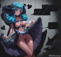 Rule 34 | 1girl, absurdres, artist name, black bow, black dress, blue eyes, bow, breasts, clothes lift, dress, dress lift, drill hair, feathers, grey background, grey dress, gwen (league of legends), hair bow, heart, highres, holding, holding feather, lactation, league of legends, long hair, medium breasts, navel, nipples, oh-yeeeeeah, parted lips, pink eyes, pussy, shiny skin, solo, teeth, torn clothes, torn dress, twin drills, watermark, web address