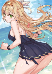 Rule 34 | 1girl, ass, atelier (series), atelier ryza, atelier ryza 1, back, back bow, bare shoulders, beach, black dress, blonde hair, bow, braid, brown hairband, dress, floating hair, french braid, green eyes, hairband, highres, klaudia valentz, long hair, looking at viewer, looking back, ocean, smile, solo, standing, tecmo, white bow, yagi2013