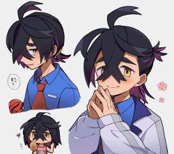 Rule 34 | 1boy, black hair, blue shirt, blush, closed mouth, collared shirt, colored inner hair, commentary request, creatures (company), crossed bangs, flower (symbol), game freak, gloves, hair between eyes, highres, jacket, kieran (pokemon), male focus, medium hair, multicolored hair, multiple views, necktie, nintendo, pokemon, pokemon sv, red gloves, red necktie, shirt, smile, squiggle, sweatdrop, translation request, usagi mochi (nsi 0012), yellow eyes
