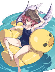 Rule 34 | 1girl, animal ears, bare arms, bare legs, bare shoulders, barefoot, bird ears, bird wings, black one-piece swimsuit, blush, brown eyes, brown hat, collarbone, commission, fingernails, green nails, grin, hat, highres, long fingernails, mystia lorelei, nail polish, new school swimsuit, one-piece swimsuit, one eye closed, pink hair, school swimsuit, sharp fingernails, short hair, skeb commission, smile, solo, swimsuit, toenail polish, toenails, touhou, ushiki yoshitaka, white wings, winged hat, wings