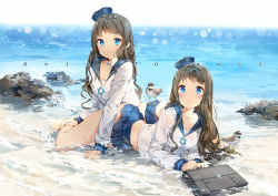 Rule 34 | 2girls, :o, anmi, arm support, barefoot, beach, bird, black hair, blue eyes, blush, breasts, briefcase, cleavage, collarbone, dress, hat, long hair, looking at viewer, lying, midriff, multiple girls, navel, ocean, on side, partially submerged, sailor dress, sailor hat, school briefcase, skirt, small breasts, smile, wet, wet clothes