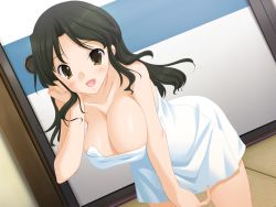 Rule 34 | 1girl, arm up, bedroom, bent over, black hair, blush, breasts, brown eyes, casual nudity, cleavage, door, hanging breasts, happy, indoors, koi to mizugi to taiyo to, large breasts, leaning forward, long hair, nude, open mouth, smile, solo, towel