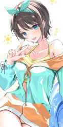 1girl :d aqua_eyes aqua_ribbon armpit_crease bare_shoulders black_hair blue_jacket breasts collarbone commentary_request green_sports_bra hair_ribbon hand_up head_tilt highres hololive innertube jacket large_breasts looking_at_viewer off_shoulder oozora_subaru open_mouth polka_dot polka_dot_ribbon ribbon short_hair simple_background smile solo sports_bra striped_sports_bra swept_bangs swim_ring variant_set virtual_youtuber w white_background won_(az_hybrid)