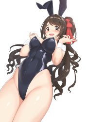Rule 34 | 1girl, absurdres, animal ears, arukiru, bare arms, bare legs, black leotard, blush, bow, breasts, brown hair, commentary, cowboy shot, curly hair, dot nose, fake animal ears, fang, forehead, hair bow, hair ribbon, highleg, highleg leotard, highres, idolmaster, idolmaster cinderella girls, leotard, long hair, medium breasts, open mouth, playboy bunny, red bow, ribbon, shimamura uzuki, side ponytail, simple background, skin fang, solo, strapless, strapless leotard, thighs, white background, wrist cuffs, yellow eyes