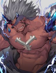 Rule 34 | 1boy, abs, bara, bare pectorals, blindfold, bulge, character request, copyright request, dark skin, dark-skinned male, glowing, glowing eyes, gomtang, grey hair, large pectorals, lightning bolt symbol, male focus, mature male, muscular, muscular male, navel, nipples, pectorals, short hair, sideburns, solo, spiked hair, stomach, sweat, torn clothes, upper body