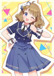 Rule 34 | 1girl, ahoge, black necktie, blue bow, blue eyes, blue jacket, blue skirt, blush, bow, brown hair, buttons, commentary request, cowboy shot, dot nose, future signature (idolmaster), hair bow, hand on own hip, hand up, highres, idolmaster, idolmaster million live!, idolmaster million live! theater days, jacket, kahiika, looking at viewer, multicolored background, necktie, one eye closed, open mouth, pleated skirt, shirt, short hair, short sleeves, sidelocks, skirt, smile, solo, suou momoko, thumbs up, wavy hair, white shirt, wrist cuffs, yellow background