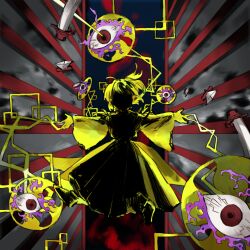 Rule 34 | 1girl, ahoge, commentary request, dagger, disembodied eye, dress, facing viewer, fire, kaigen 1025, knife, long dress, long sleeves, outstretched arms, purple fire, short hair, silhouette, solo, spread arms, touhou, touhou (pc-98), weapon, wide sleeves, yuugenmagan